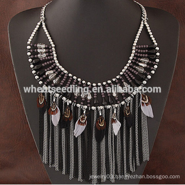 colorful feather tassel designs crystal beads fashion necklace 2016